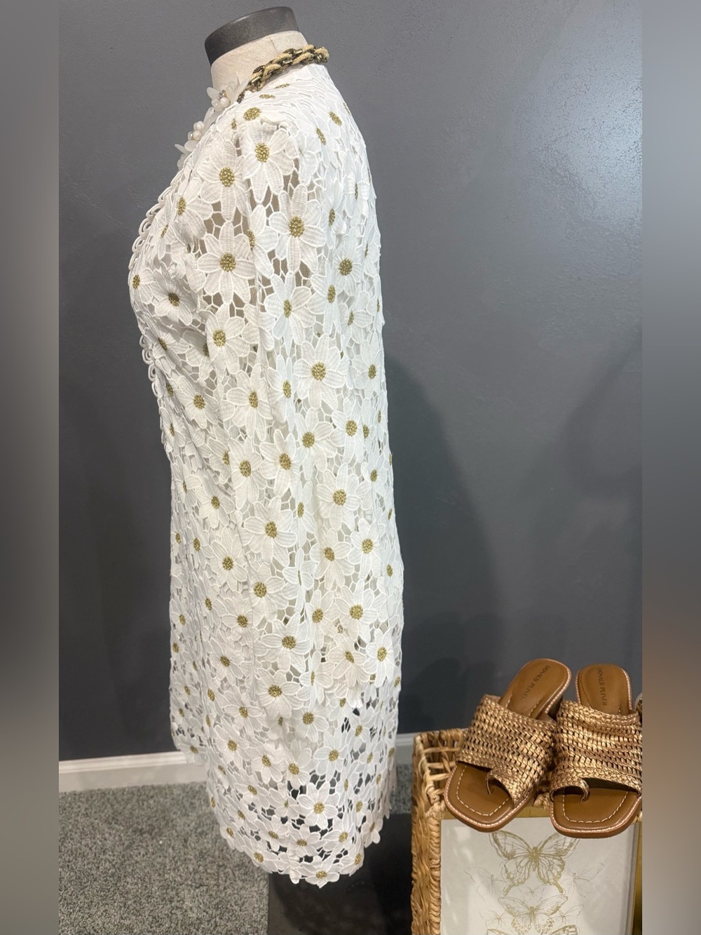 Boston Proper White Crochet V-Neck Long Sleeve Shift Dress - Picture 4 of 9